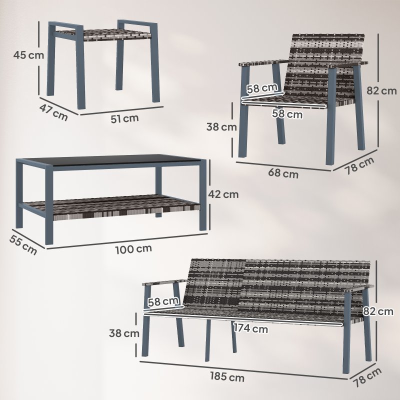 Outsunny 6 Piece Rattan Garden Furniture Set with 3-Seater Sofa, 2 Chairs and 2 Footstools, 7 Seater Outdoor Sofa Set with Glass Top Coffee Table and Cushions for Balcony, Grey