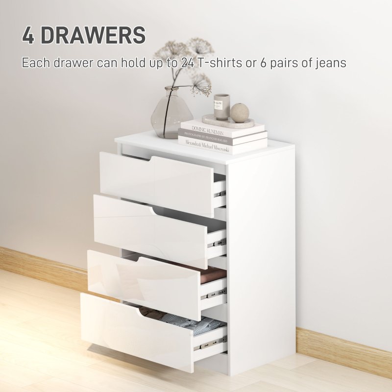 HOMCOM Modern Chest of Drawer with 4 Drawers, High Gloss Dresser for Bedroom, Living Room, 60 x 40 x 85cm, White