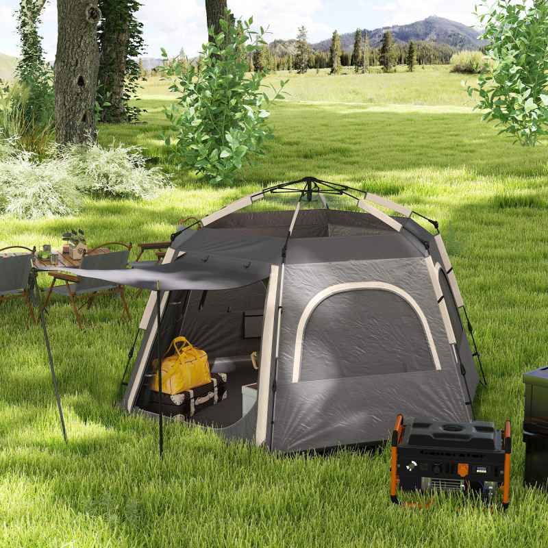 Outsunny Instant Pop Up Camping Tent, 2/3/4 Person Easy Setup Dome Family Tent with Vestibule, Rainfly, 4 Mesh Windows & 2 Doors, Hexagonal Design, Waterproof & UV Protected, Dark Grey