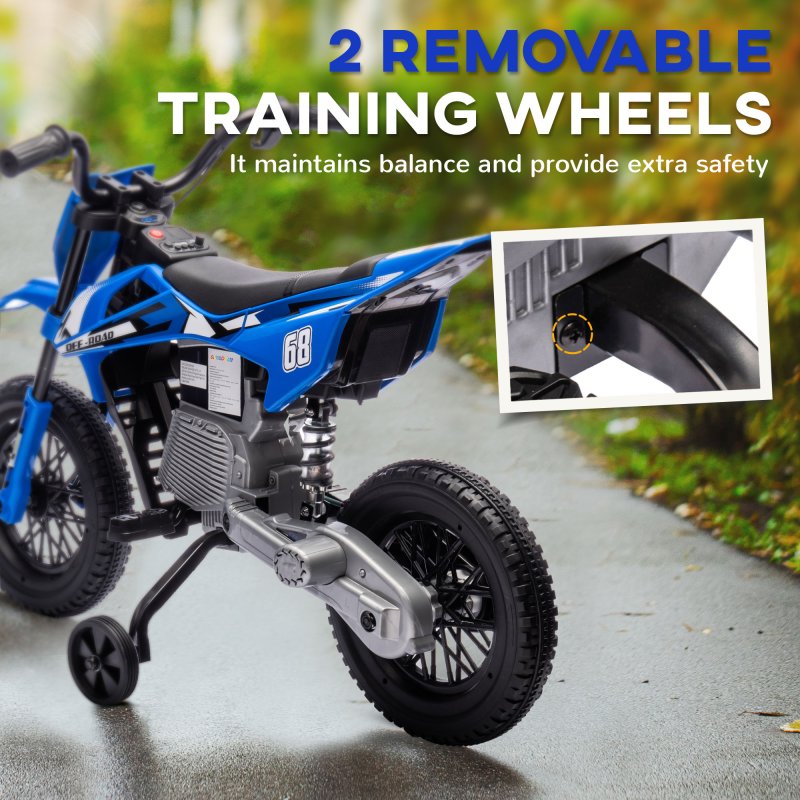 AIYAPLAY 12V Kids Electric Motorbike, Kids Electric Ride on Motorcycle, Battery Powered Toy with Twist Grip Throttle, Training Wheels, Suspension System, Music, Blue