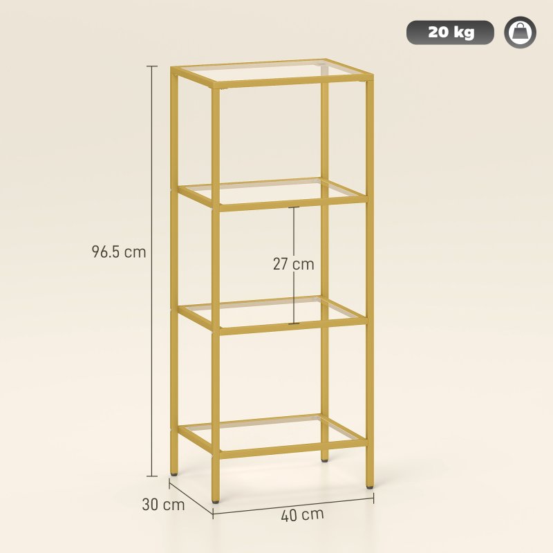 HOMCOM 4-Tier Shelving Unit, Modern Glass Shelf, Bookshelf, Storage Rack for Living Room, Home Office, Bedroom, Bathroom, 40 x 30 x 97 cm, Gold Tone