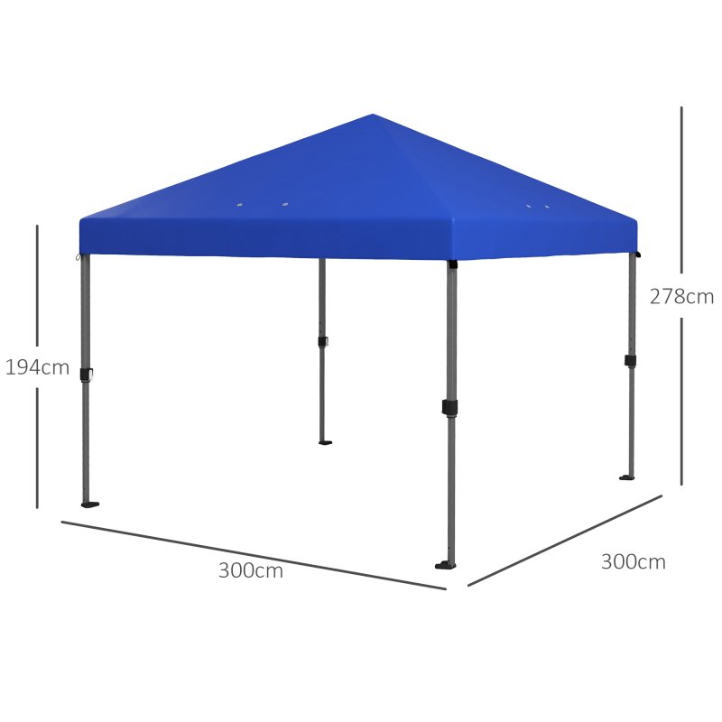 Outsunny 3 x 3(m) Pop Up Gazebo, 1 Person Easay Setup Marquee Party Tent with 1-Button Push, Adjustable Straight Legs, Wheeled Bag, Stakes, Ropes, Sandbags, Instant Shelter, Blue