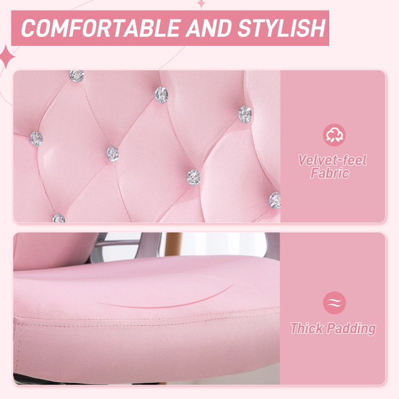 Vinsetto Home Office Chair, Velvet Computer Chair, Button Tufted Backrest with Swivel Wheels, Adjustable Height and Tilt Function, Pink