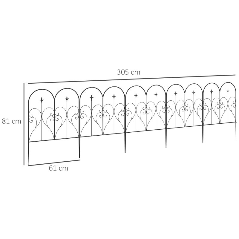 Outsunny Decoration Garden Fence, 32in x 10ft Outdoor Picket Fence Panels, 5PCs Rustproof Metal Wire Landscape Flower Bed Border Edging Animal Barrier, Black