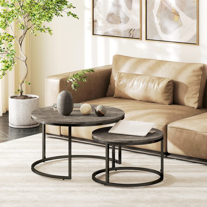 HOMCOM Round Nesting Coffee Table Set of 2, Large Stacking End Side Table with Steel Frame for Living Room, Bedroom, Home Office, 78.5 x 78.5 x 46.5 cm, Marble Dark Grey