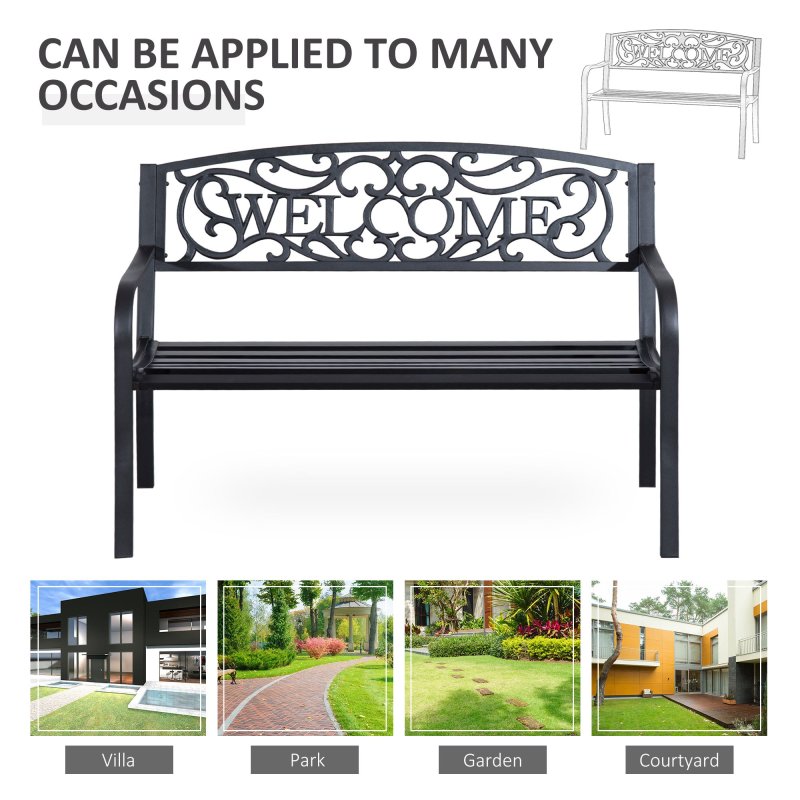 Outsunny Garden Bench, Metal Outdoor Bench Seat, 2 Seater Patio Loveseat with Welcome Backrest, Armrests and Slatted Seat, 240 KG Capacity for Park, Porch, Black