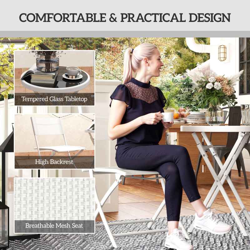 Outsunny 3 Pieces Outdoor Bistro Set, Glass Top Outdoor Table and 2 Folding Chairs, Garden Furniture Set with Protecting Feet, Steel Frame, Easy Clean, White