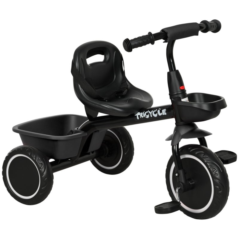 AIYAPLAY Kids Trike, Toddler Tricycle for 2 to 5 Years, with Adjustable Seat, Pedal, Front Rear Baskets, 3 Wheels Kids Bike Gift for Boys and Girls, Black