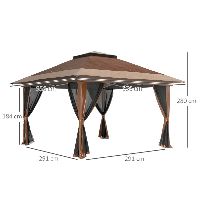 Outsunny 3.6 x 3.6m Pop Up Gazebo with Mesh Sides, UPF50+ Height Adjustable Party Tent Instant Event Shelter with Wheeled Carry Bag and Sand Bags for Garden, Patio, Brown