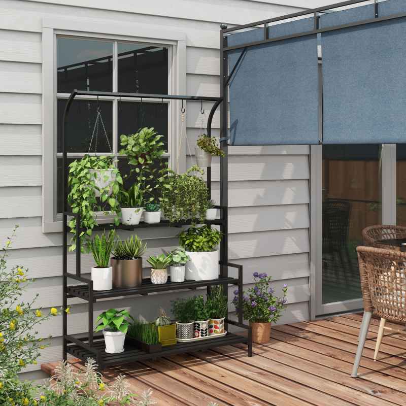 Outsunny Tall Plant Stand with Hanging Hooks, 3 Tiered Plant Rack Ladder Shelf for Indoor Outdoor Porch Balcony Living Room Bedroom, Black
