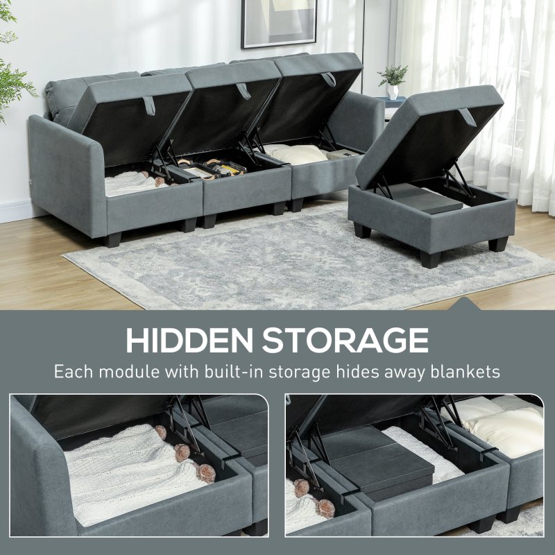 HOMCOM Convertible Modular Sectional Sofa with Storage, Tufted 3 Seater Sofa Set, L Shaped Couch with Ottoman, Wood Frame for Living Room