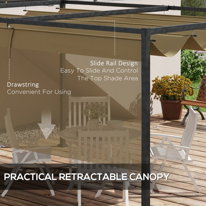 Outsunny 4 x 3(m) Metal Outdoor Pergola with Retractable Roof, Outdoor Gazebo Canopy Shelter with Drainage Holes for Garden, Patio, Lawn, Khaki