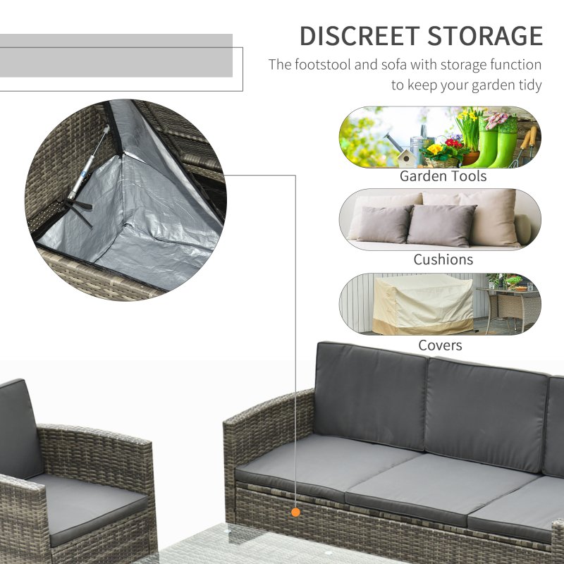 Outsunny 5 Pieces Rattan Garden Furniture Set, Wicker Garden Sofa Set with Storage Sofa and Ottomans, 2 Armchairs, Glass Coffee Table, Outdoor Conservatory Furniture with Cushions for Patio, Grey