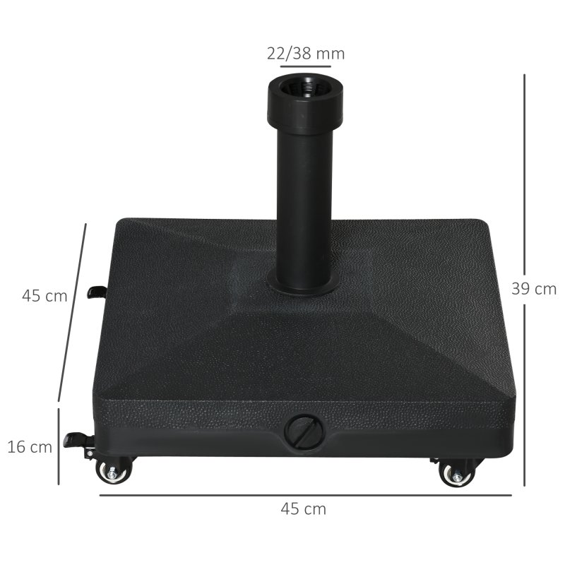 Outsunny Heavy Duty Garden Parasol Base Stand with Wheels, 18kg Sand or 16kg Water Filled Patio Umbrella Base Square Outdoor Umbrella Stand Holder, Black