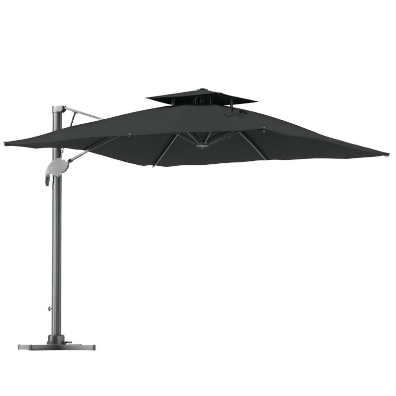 Outsunny 3 x 3 m Cantilever Parasol with Hydraulic Opening, Heavy Duty Aluminium Hanging Garden Parasol, Double Top Square Patio Umbrella with 360° Rotation, 8 Ribs, Cross Base, Grey