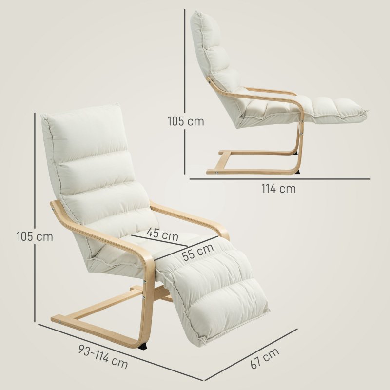 HOMCOM Birch Wood Lounge Chair, Upholstered Recliner Lounge Seat with Adjustable Footrest, Modern Armchair for Living Room, Bedroom, Balcony, Office, Cream White