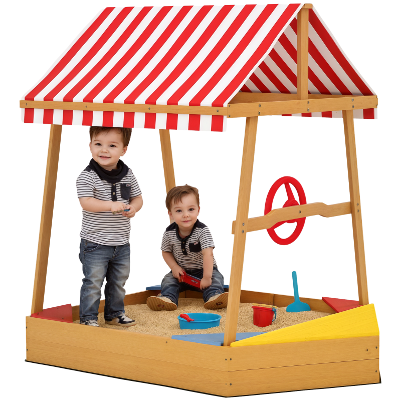 AIYAPLAY Wooden Kids Sandpit, Boat Sandbox with Canopy, Seats, Rudder & Non-woven Fabric Bottom Liner, Outdoor Sand Pit for Children 3-8 Years, for Garden, Grass, Beach, Yellow