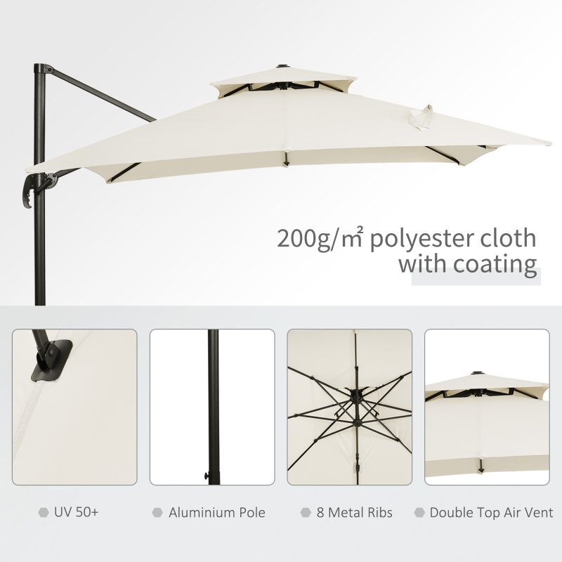 Outsunny 2.7 x 2.7(m) Cantilever Parasol with Aluminium Frame, Crank and Tilt, 360-Degree Rotation, Double Top Garden Umbrella with Base and Cover, Beige