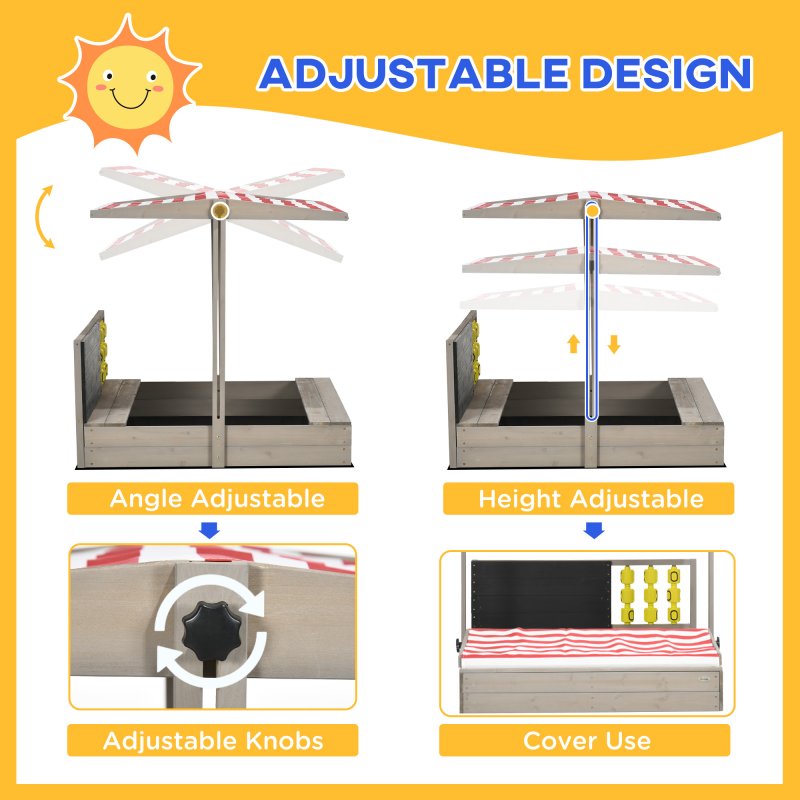 Outsunny Kids Wooden Sand Pit, Children Sandbox w/ Non-Woven Fabric, Two Seats, Canopy, for Gardens, Playgrounds - Grey