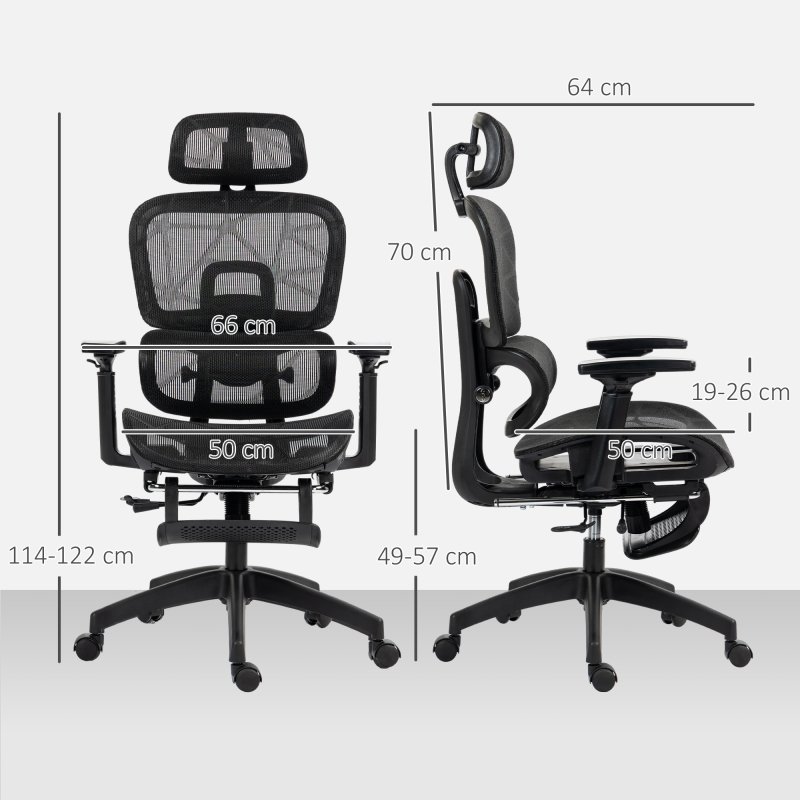 HOMCOM Ergonomic Office Chair, Mesh High Back Computer Desk Chair with 3 Level Adjustable Back, Adjustable Lumbar Support, Swivel Recliner with 3D Armrest, Headrest, Footrest, Black