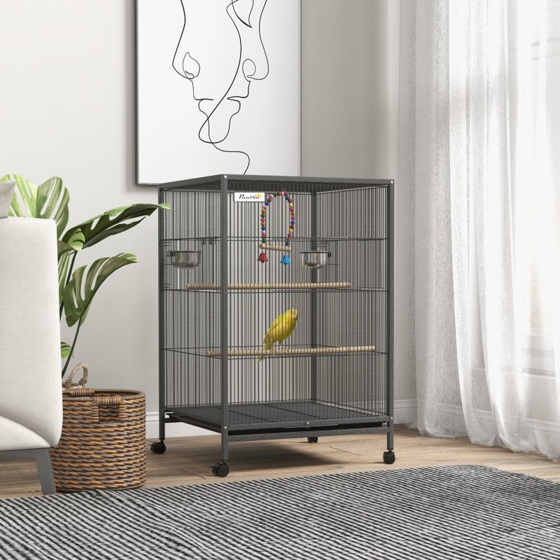 PawHut Bird Cage, Budgie Cage, Parrot Cage, with Rolling Stand, Stainless Steel Bowls, Swings, Removable Tray for Small Parrot, Budgie, Lovebird - Grey