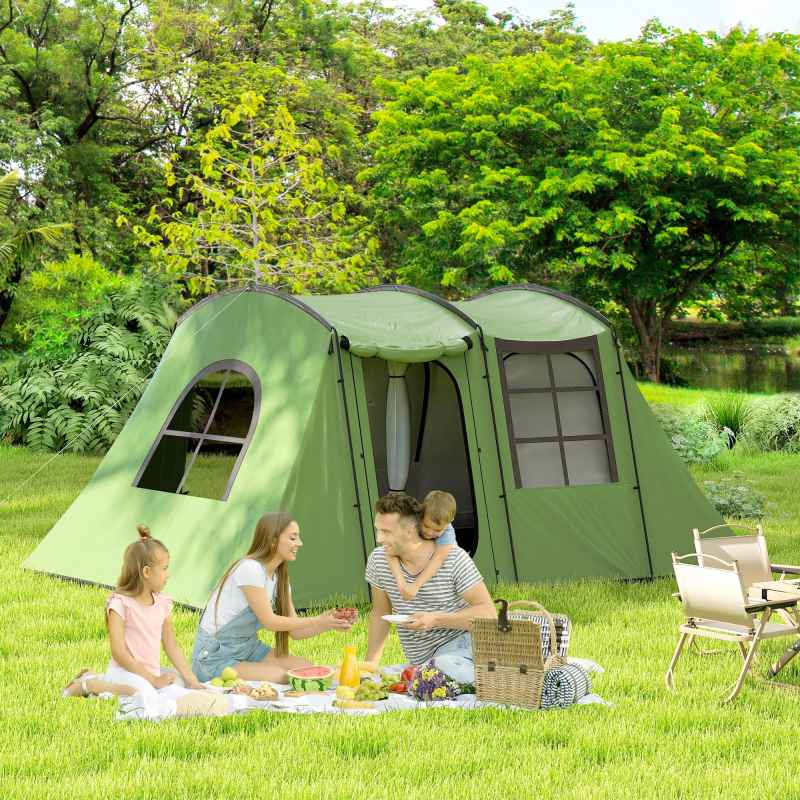 Outsunny 4 Man Tunnel Tent, Family Camping Tent with Porch, Bedroom and Living Area, Sewn in Groundsheet, 3000mm Waterproof, Portable with Bag for Hiking, Festival, Backpacking, Green