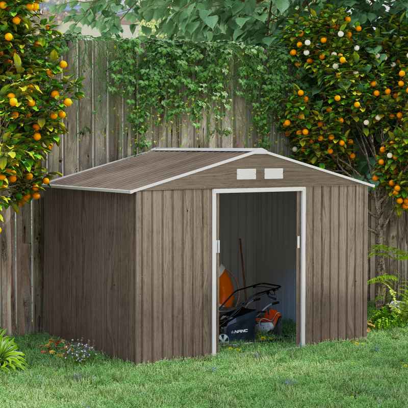Outsunny 9 x 6ft Metal Garden Shed, Outdoor Storage Tool House with Ventilation Slots, Foundation Kit and Lockable Double Doors, Light Brown