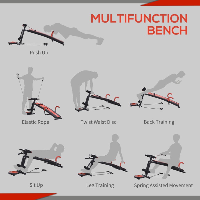 HOMCOM Multifunctional Sit Up Bench Exercise with Resistant Rope and Twist Waist Disc for Home, Office and Gym