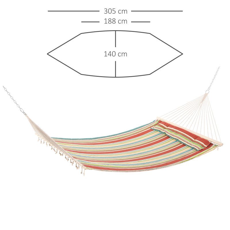 Outsunny Double Cotton Hammock Camping Swing Outdoor Garden Beach Stripe Hanging Bed with Pillow, 188 x 140 cm, 180 KG Capacity, Red