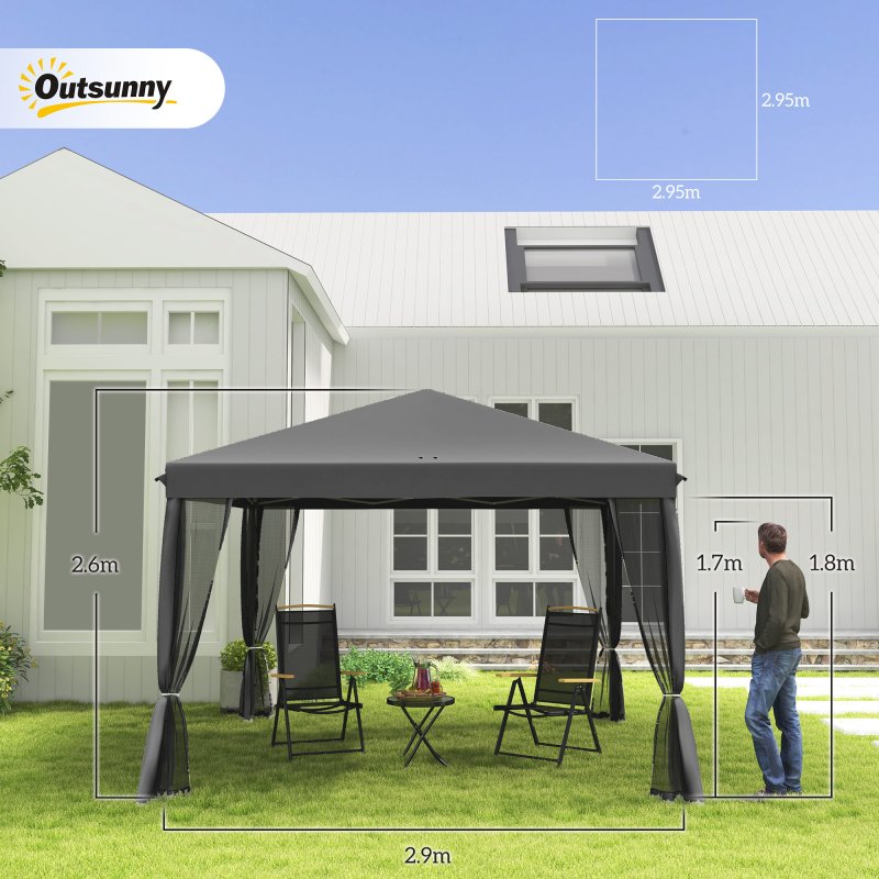 Outsunny 3 x 3m Pop Up Gazebo, 420D Garden Tent Canopy with Removable Mesh Sidewall Netting, Carry Bag for Garden Patio Outdoor, Light Grey
