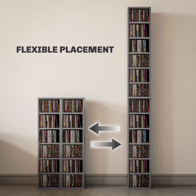 HOMCOM 204 CD Media Display Shelf Unit Set of 2 Blu-Ray Tower Rack w/ Adjustable Shelves Bookcase Storage Organiser, High Gloss Grey