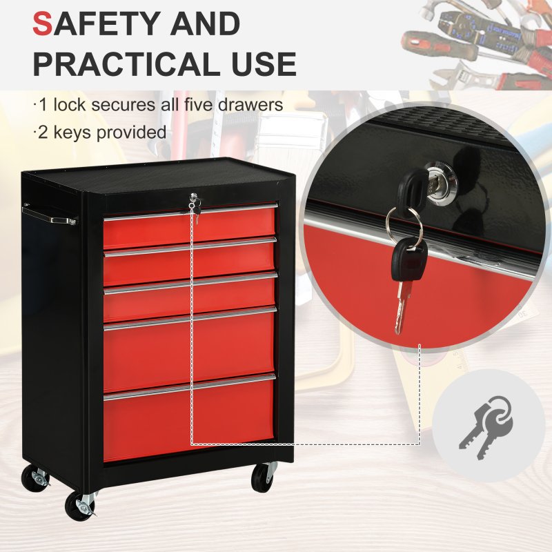 HOMCOM 5-Drawer Lockable Steel Tool Storage Cabinet with Wheels Handle 2 Keys Organisation Box Unit Chest Garage DIY Workshop Trolley Red