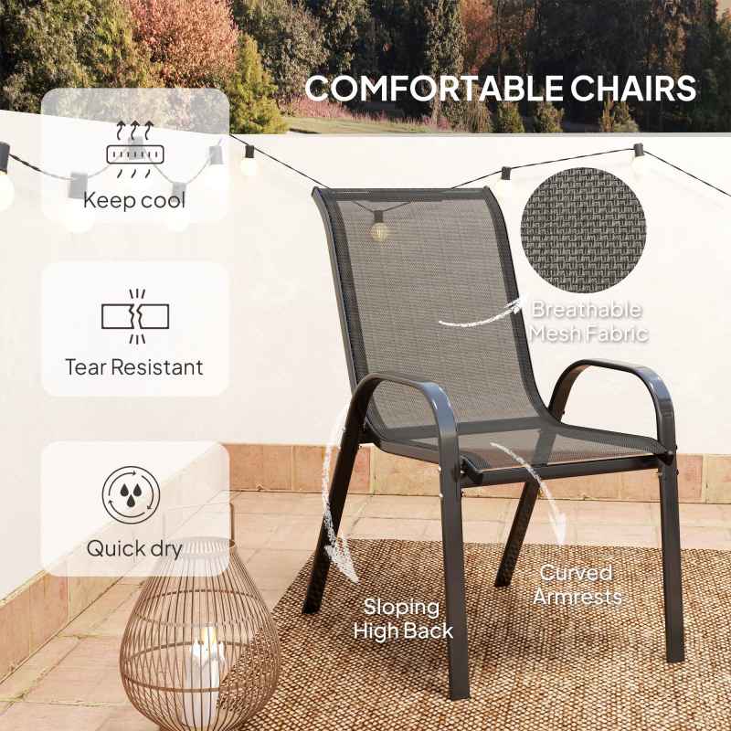 Outsunny 3 Pieces Garden Dining Set, 2 Seater Garden Furniture with High Back Stackable Chairs and Round Glass Top Table, Outdoor Bistro Set for Patio, Black