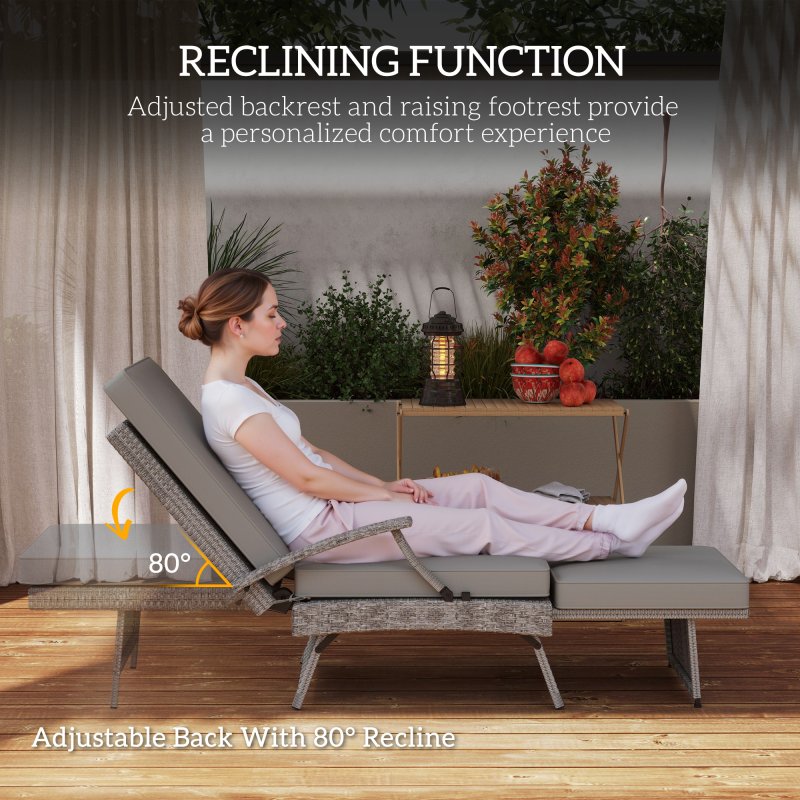 Outsunny Outdoor PE Rattan Recliner Chair with Cushion, Foldable Design Garden Recliner Chair with Retractable Footrest and Adjustable Back with 80 Degree Recline