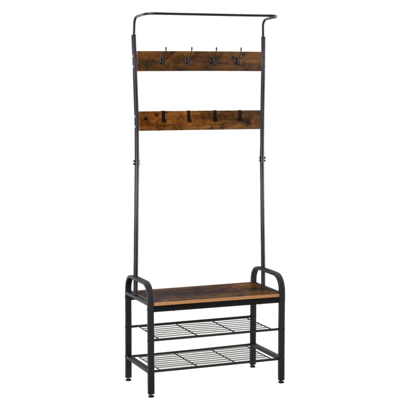 HOMCOM Coat Rack Stand Industrial hallway Shoe Rack Removable Hooks Metal Wood Hangers Storage Cabinet Rustic Brown 72LX34WX185H(cm)