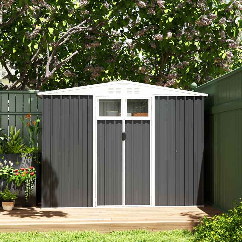 Outsunny 8 x 4 ft Metal Garden Shed, Garden Storage Shed with Window, 4 Vents and Lockable Door, Waterproof Galvanised Steel Tool Storage Shed, Dark Grey
