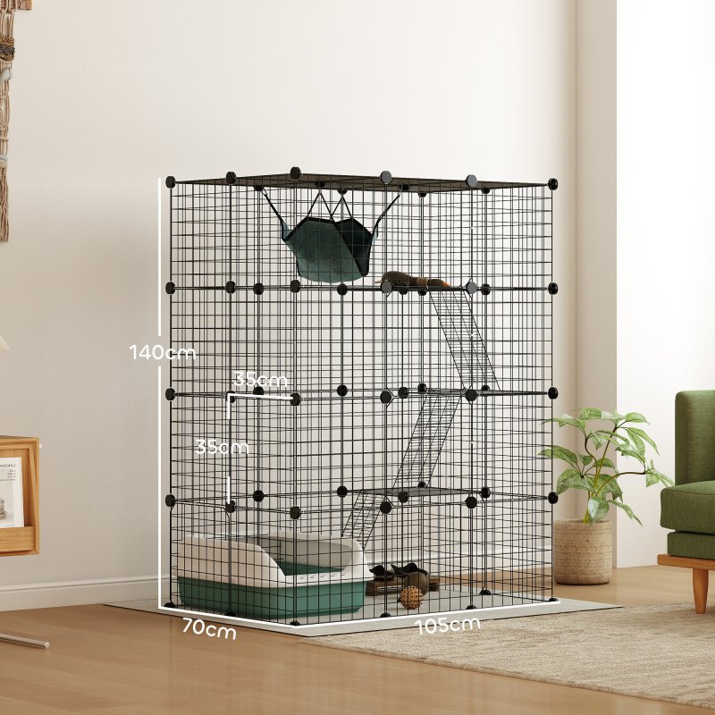 PawHut Cat Cage Indoor, DIY 4 Tier Wire Cat Enclosure with Hammock, Ramps, Doors, Jumping Platforms, Detachable Catio Indoor for 1-3 Cats, 105 x 70 x 140 cm, Black