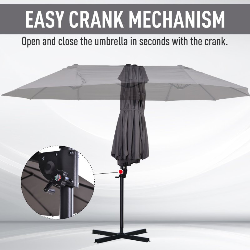 Outsunny 4.4m Large Garden Parasol, Double-Sided Cantilever Parasol with Base Included, Patio Umbrella Sun Shade with Steel Pole 12 Ribs Crank Handle Easy Lift Twin Canopy, Grey
