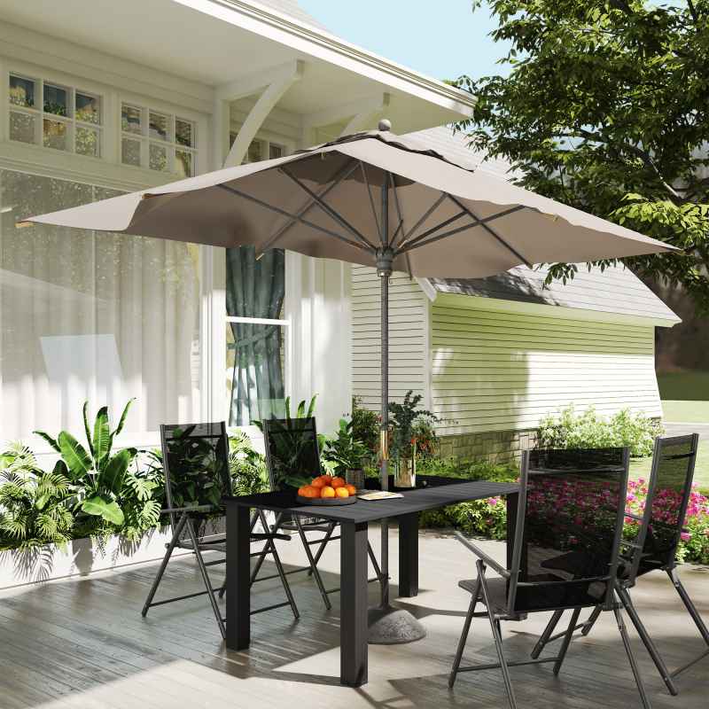 Outsunny Garden Table with Parasol Hole for 6 Person, Rectangle Outdoor Dining Table with Slatted Metal Tabletop, Steel Frame for Patio, Balcony, 150 x 90 x 73 cm, Black