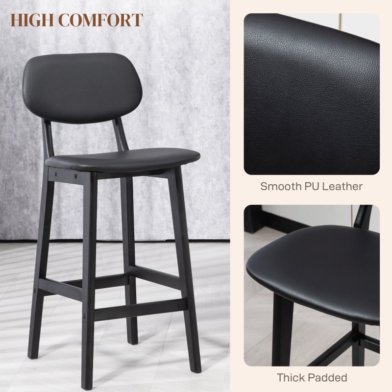 HOMCOM Bar Stools Set of 2, Breakfast Bar Chairs, PU Leather Upholstered Kitchen Stools with Backs, Footrests and Solid Wood Legs, Black