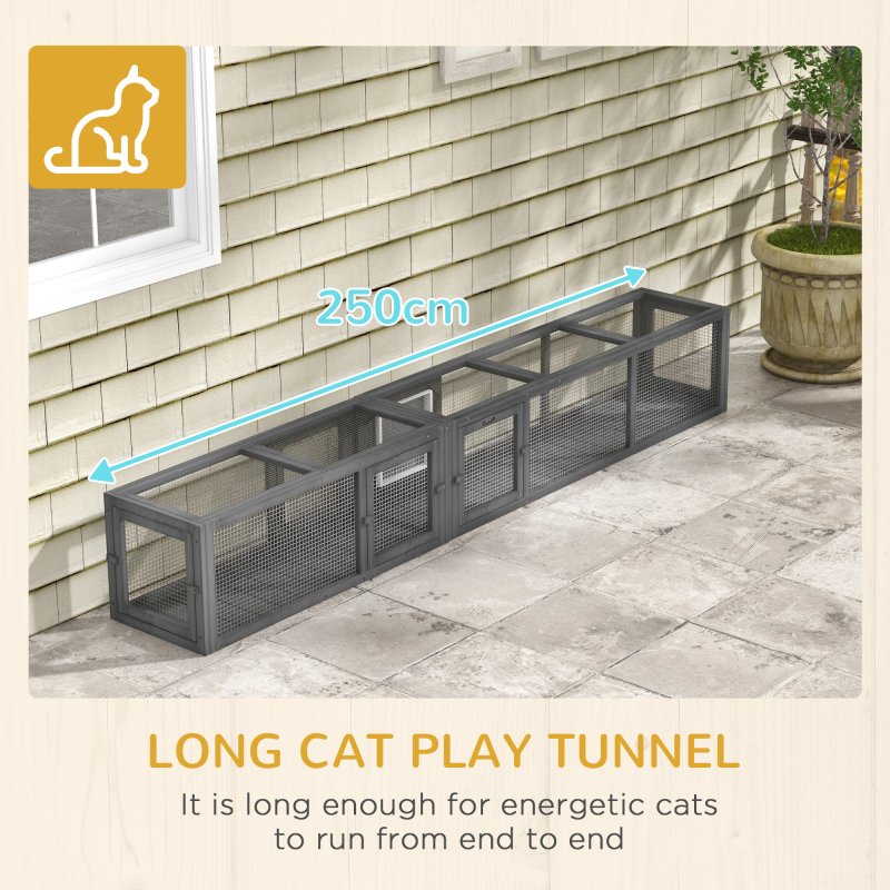 PawHut Wooden Cat Tunnel, Cat Play Tunnel 250cm Extra Long, with Eight Doors, L-Shape/Rectangle, for Cat, Rabbit, Puppy, Dark Grey