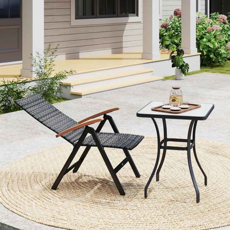 Outsunny Outdoor Folding Dining Chair, PE Rattan Chair with Armrests, High Backrest, for Garden, Camping, Balcony, Porch, Mixed-grey