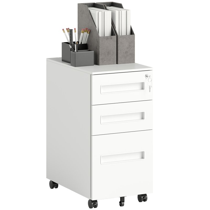 Vinsetto Metal Mobile File Cabinet with Wheels, Lockable 3 Drawer Filing Cabinet for A4, Legal, Letter, Compact Under Desk Storage Unit with Pre-Assembled Body for Home Office, 30 x 43.5 x 60cm, White