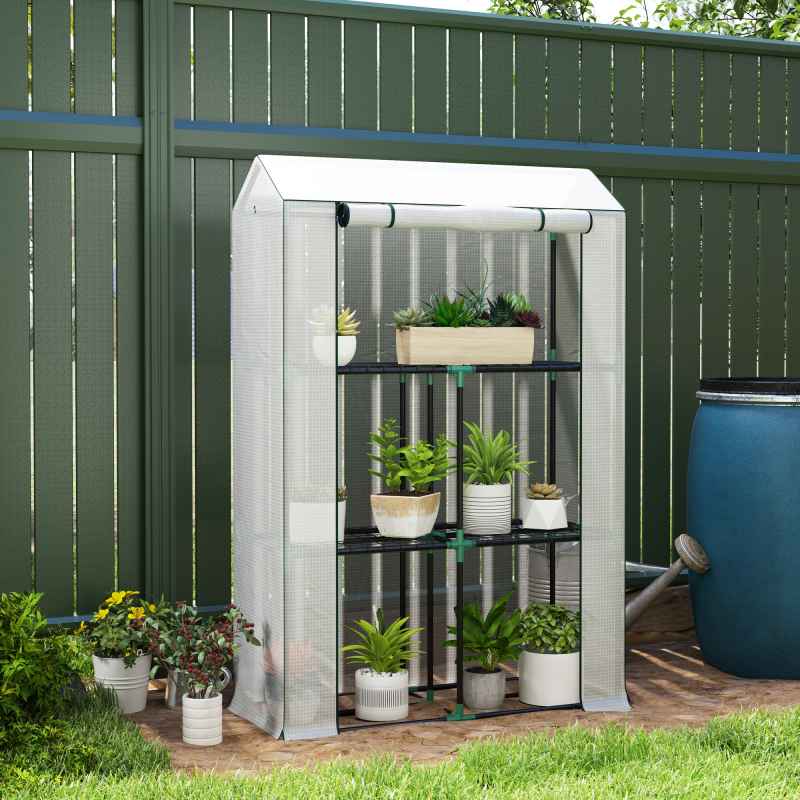 Outsunny 3 Tier Mini Greenhouse with Reinforced PE Cover, Portable Small Greenhouse with Roll-Up Door, 100 x 40 x 150cm, White