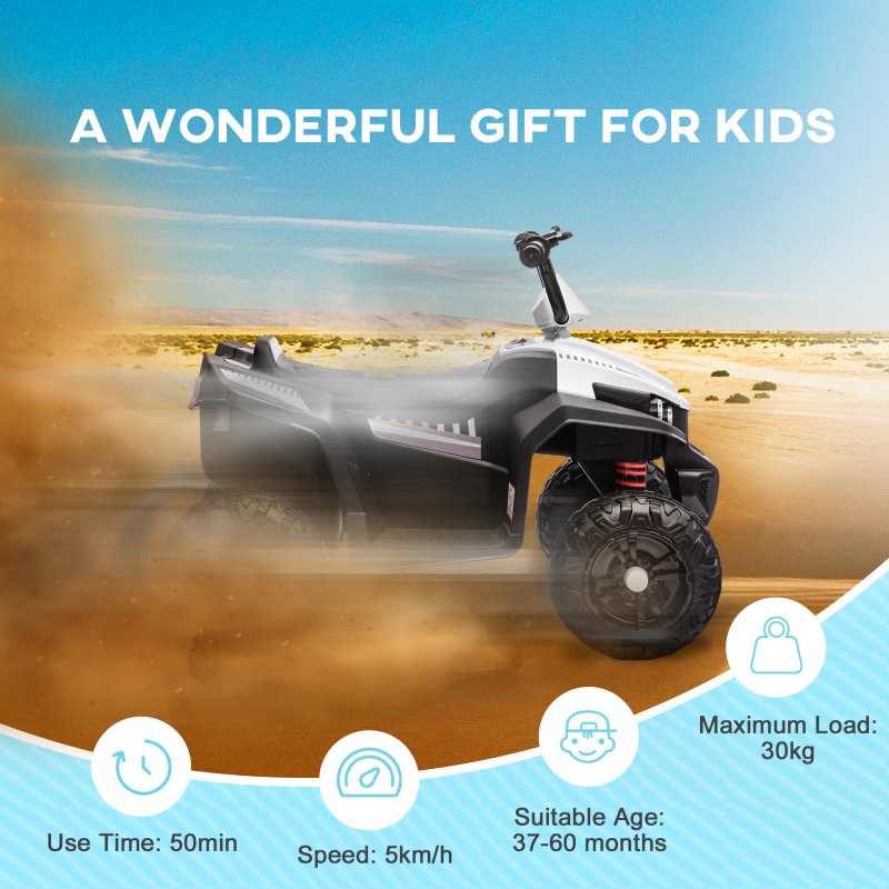 AIYAPLAY Kids Quadbike, 12V Electric Ride on ATV with 4 Wheels Spring Suspension, LED Light, Music, MP3, 5KM/H Battery Powered, for Ages 3-5 Years, White