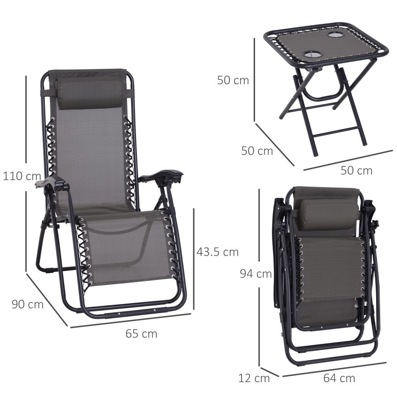Outsunny Folding Zero Gravity Chairs, 3 Pieces Adjustable Sun Lounger and Table Set with Cup Holder and Headrest, Patio Bistro Set with Reclining Garden Chairs for Outdoor, Dark Grey