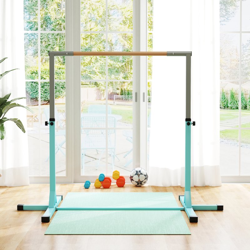 HOMCOM Height Adjustable Gymnastics Horizontal Bar For Kids Home Gym Training Children Junior Kip High Bar Fitness, Light Blue