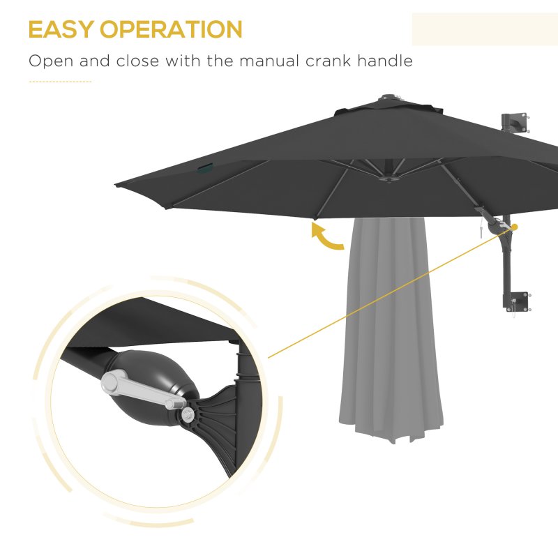 Outsunny 3 M Wall Mounted Garden Parasol Umbrella with Rotate, Outdoor Market Umbrella Sun Shade Canopy with 8 Ribs, Charcoal Grey
