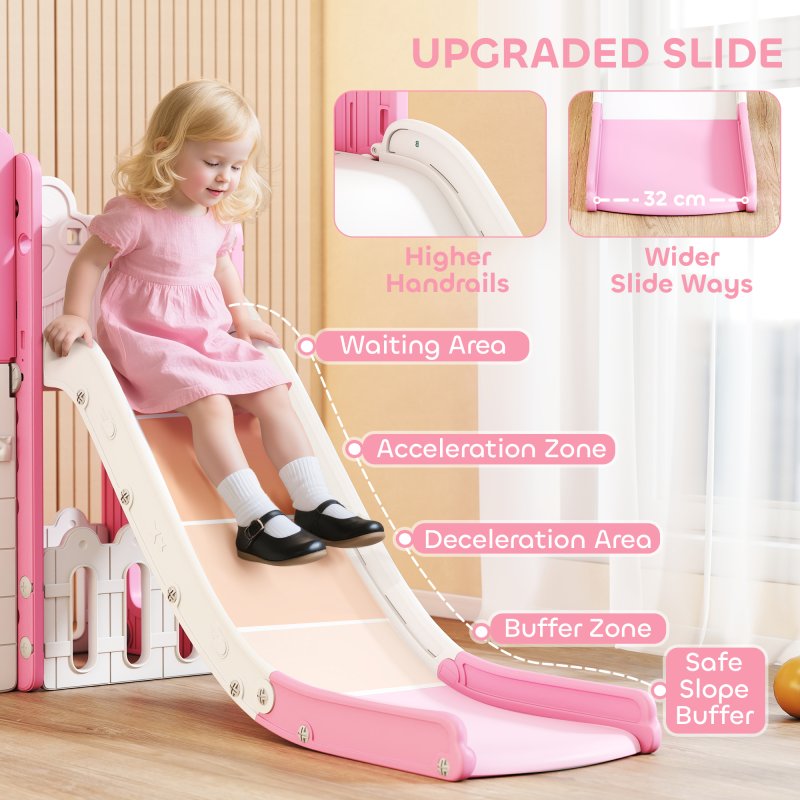 AIYAPLAY 7 in 1 Toddler Slide Set with Basketball Hoop, Outdoor & Indoor Frog Theme Playset with Climbing Frame, Telescope, Drawing Board, Storage Box for Toddlers Ages 1-3, Pink