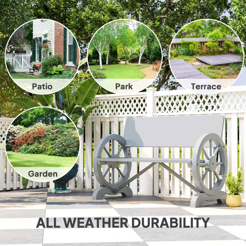 Outsunny Wooden Garden Bench, 2 Seater Outdoor Bench Outdoor with Wagon Wheel Armrests and High Back, Grey